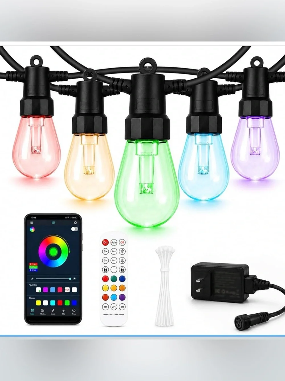 Outdoor string lights, 50FT RHBW color changing patio lights with remote and APP